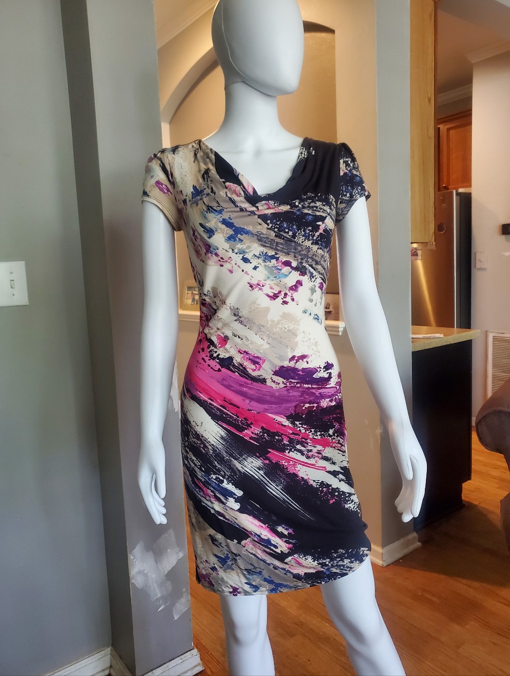 Cowl Neck Abstract Mini Dress In Pink, Black & Cream